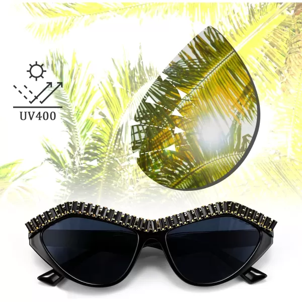FEISEDY Fashion Cat Eye Diamond Sunglasses Women Retro Vintage Cateye Plastic Frame B2302001 Black FrameGray Lens