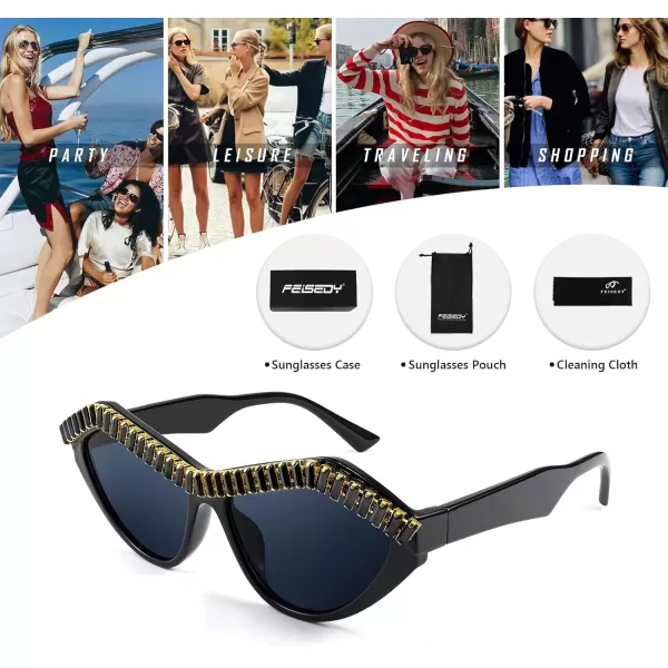 FEISEDY Fashion Cat Eye Diamond Sunglasses Women Retro Vintage Cateye Plastic Frame B2302001 Black FrameGray Lens