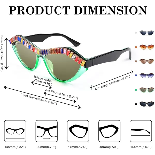 FEISEDY Fashion Cat Eye Diamond Sunglasses Women Retro Vintage Cateye Plastic Frame B2302002 Green Transparent FrameLight Tea Lens
