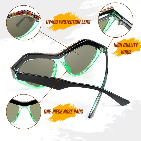 FEISEDY Fashion Cat Eye Diamond Sunglasses Women Retro Vintage Cateye Plastic Frame B2302002 Green Transparent FrameLight Tea Lens