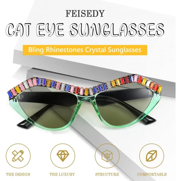 FEISEDY Fashion Cat Eye Diamond Sunglasses Women Retro Vintage Cateye Plastic Frame B2302002 Green Transparent FrameLight Tea Lens