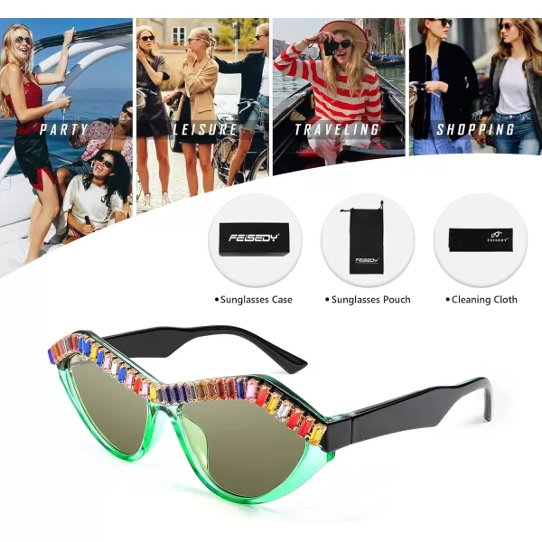 FEISEDY Fashion Cat Eye Diamond Sunglasses Women Retro Vintage Cateye Plastic Frame B2302002 Green Transparent FrameLight Tea Lens