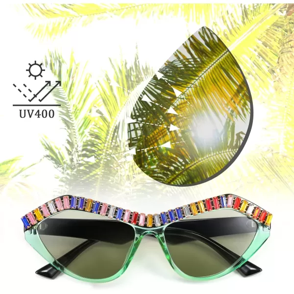 FEISEDY Fashion Cat Eye Diamond Sunglasses Women Retro Vintage Cateye Plastic Frame B2302002 Green Transparent FrameLight Tea Lens