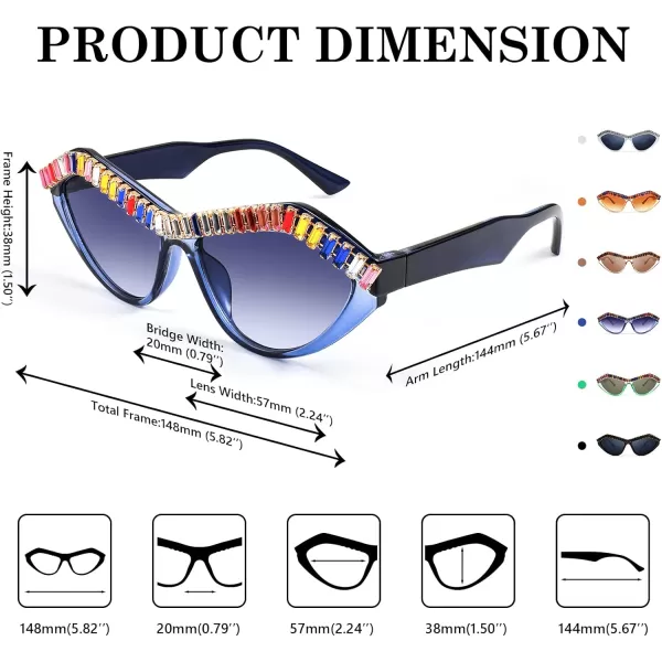 FEISEDY Fashion Cat Eye Diamond Sunglasses Women Retro Vintage Cateye Plastic Frame B2302003 Blue FrameBlue Gradient Lens