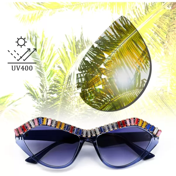 FEISEDY Fashion Cat Eye Diamond Sunglasses Women Retro Vintage Cateye Plastic Frame B2302003 Blue FrameBlue Gradient Lens