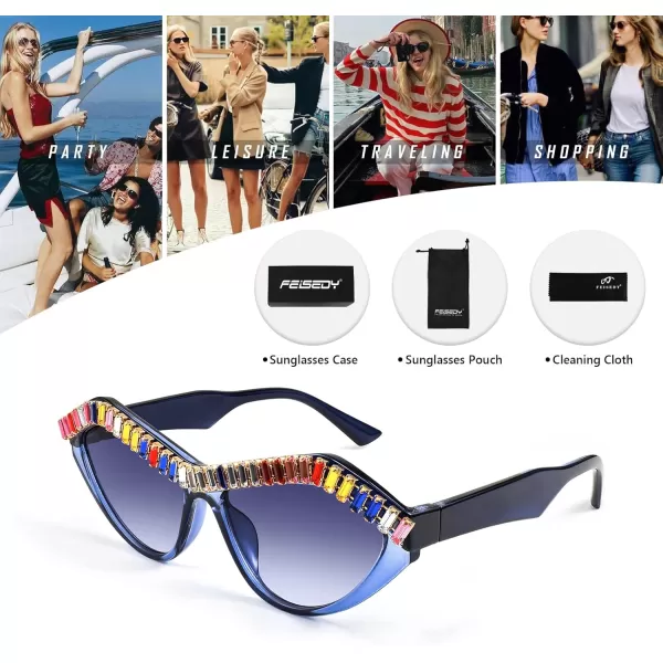 FEISEDY Fashion Cat Eye Diamond Sunglasses Women Retro Vintage Cateye Plastic Frame B2302003 Blue FrameBlue Gradient Lens