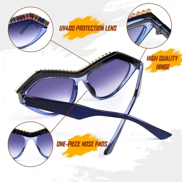 FEISEDY Fashion Cat Eye Diamond Sunglasses Women Retro Vintage Cateye Plastic Frame B2302003 Blue FrameBlue Gradient Lens