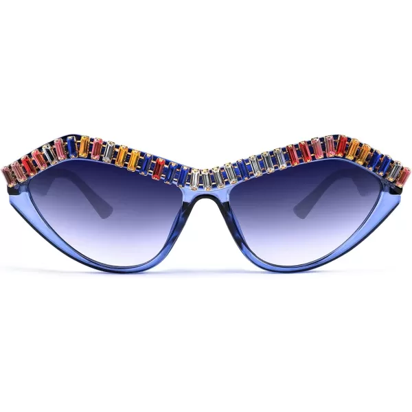 FEISEDY Fashion Cat Eye Diamond Sunglasses Women Retro Vintage Cateye Plastic Frame B2302003 Blue FrameBlue Gradient Lens