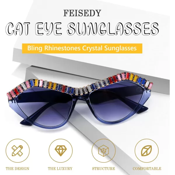 FEISEDY Fashion Cat Eye Diamond Sunglasses Women Retro Vintage Cateye Plastic Frame B2302003 Blue FrameBlue Gradient Lens