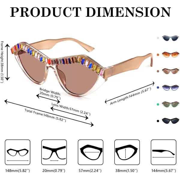 FEISEDY Fashion Cat Eye Diamond Sunglasses Women Retro Vintage Cateye Plastic Frame B2302004 Champagne FrameTea Lens