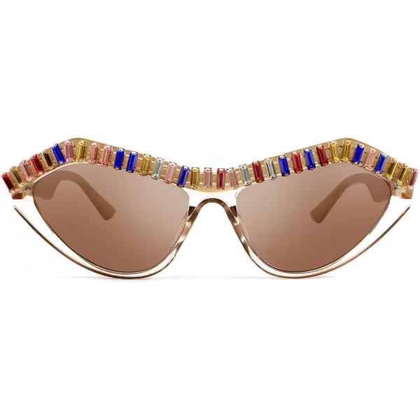 FEISEDY Fashion Cat Eye Diamond Sunglasses Women Retro Vintage Cateye Plastic Frame B2302004 Champagne FrameTea Lens