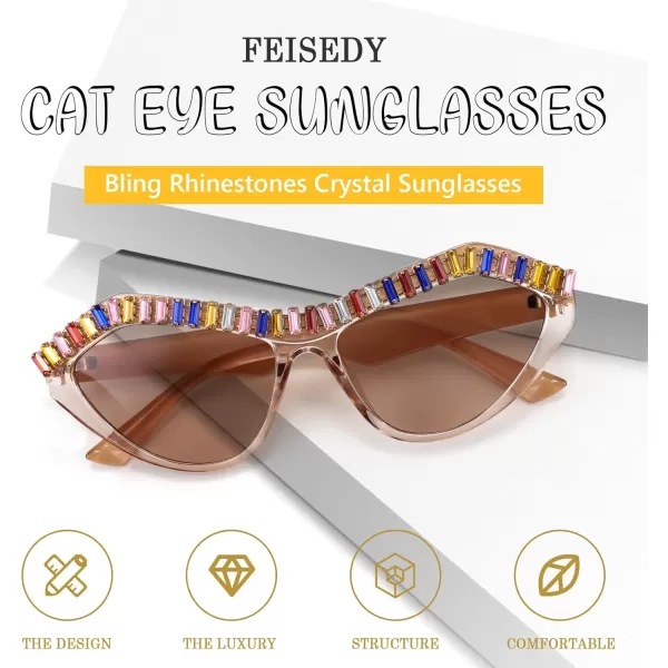 FEISEDY Fashion Cat Eye Diamond Sunglasses Women Retro Vintage Cateye Plastic Frame B2302004 Champagne FrameTea Lens