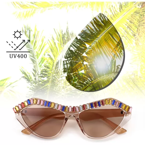 FEISEDY Fashion Cat Eye Diamond Sunglasses Women Retro Vintage Cateye Plastic Frame B2302004 Champagne FrameTea Lens