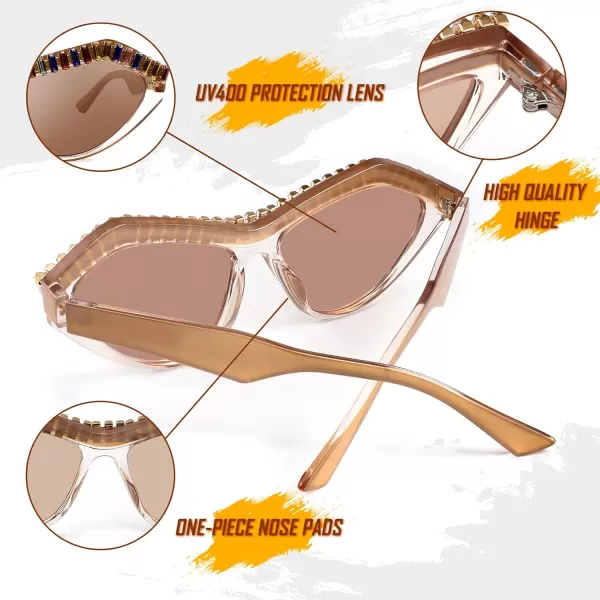 FEISEDY Fashion Cat Eye Diamond Sunglasses Women Retro Vintage Cateye Plastic Frame B2302004 Champagne FrameTea Lens