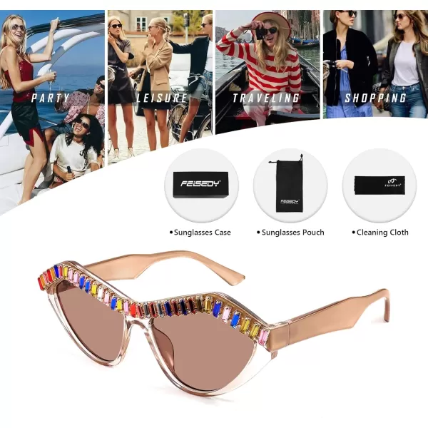 FEISEDY Fashion Cat Eye Diamond Sunglasses Women Retro Vintage Cateye Plastic Frame B2302004 Champagne FrameTea Lens