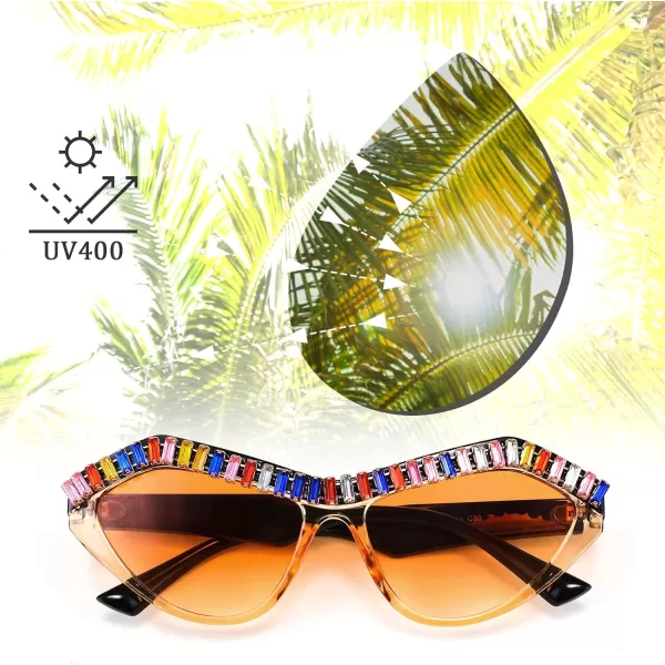 FEISEDY Fashion Cat Eye Diamond Sunglasses Women Retro Vintage Cateye Plastic Frame B2302005 Tea FrameOrange Lens