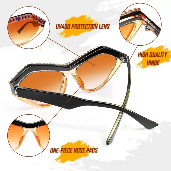 FEISEDY Fashion Cat Eye Diamond Sunglasses Women Retro Vintage Cateye Plastic Frame B2302005 Tea FrameOrange Lens