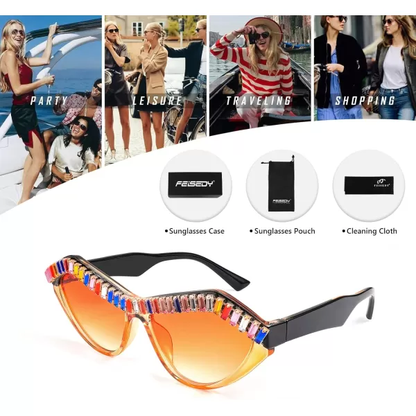 FEISEDY Fashion Cat Eye Diamond Sunglasses Women Retro Vintage Cateye Plastic Frame B2302005 Tea FrameOrange Lens