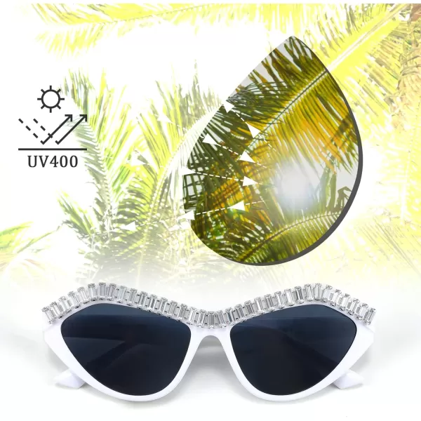 FEISEDY Fashion Cat Eye Diamond Sunglasses Women Retro Vintage Cateye Plastic Frame B2302006 White FrameGray Lens