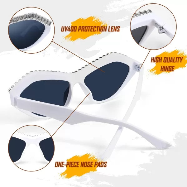 FEISEDY Fashion Cat Eye Diamond Sunglasses Women Retro Vintage Cateye Plastic Frame B2302006 White FrameGray Lens
