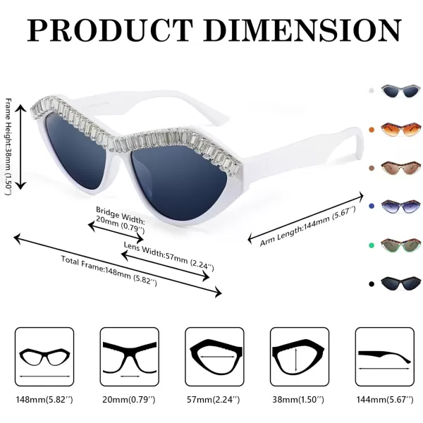 FEISEDY Fashion Cat Eye Diamond Sunglasses Women Retro Vintage Cateye Plastic Frame B2302006 White FrameGray Lens