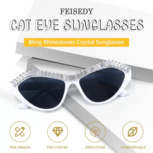 FEISEDY Fashion Cat Eye Diamond Sunglasses Women Retro Vintage Cateye Plastic Frame B2302006 White FrameGray Lens