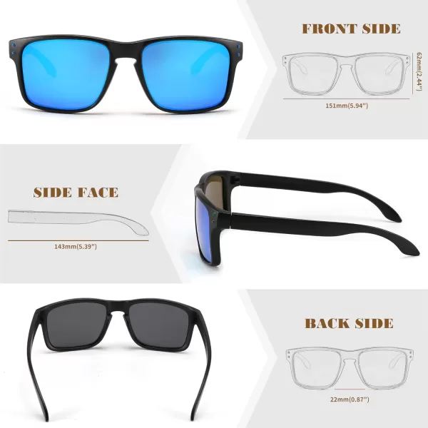 FEISEDY Men Sunglasses PolarizedSquare Vintage Cycling Running Fishing Golf Hiking Sports Sun Glasses B0080Polarized Blue Mirrored Lenses With Black Temples 003