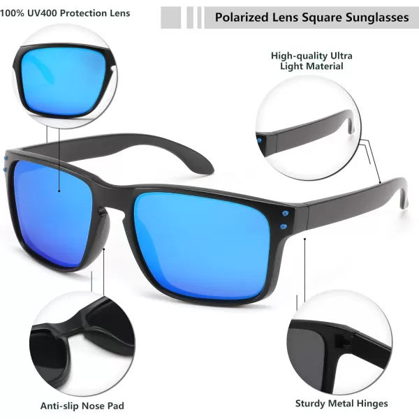 FEISEDY Men Sunglasses PolarizedSquare Vintage Cycling Running Fishing Golf Hiking Sports Sun Glasses B0080Polarized Blue Mirrored Lenses With Black Temples 003