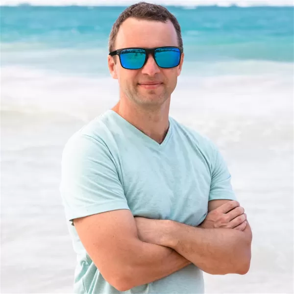 FEISEDY Men Sunglasses PolarizedSquare Vintage Cycling Running Fishing Golf Hiking Sports Sun Glasses B0080Polarized Blue Mirrored Lenses With Black Temples 003