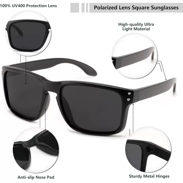 FEISEDY Men Sunglasses PolarizedSquare Vintage Cycling Running Fishing Golf Hiking Sports Sun Glasses B0080Polarized Gray Lenses With Black Temples 001