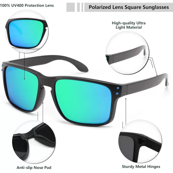 FEISEDY Men Sunglasses PolarizedSquare Vintage Cycling Running Fishing Golf Hiking Sports Sun Glasses B0080Polarized Green Mirrored Lenses With Black Temples 002