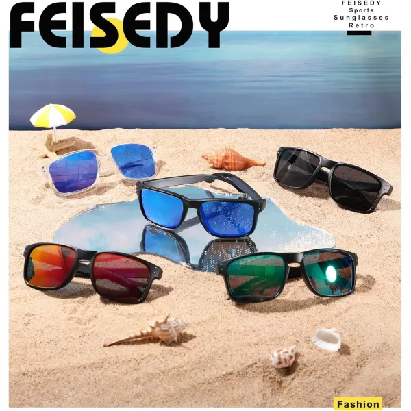 FEISEDY Men Sunglasses PolarizedSquare Vintage Cycling Running Fishing Golf Hiking Sports Sun Glasses B0080Polarized Green Mirrored Lenses With Black Temples 002