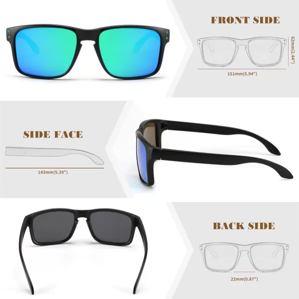 FEISEDY Men Sunglasses PolarizedSquare Vintage Cycling Running Fishing Golf Hiking Sports Sun Glasses B0080Polarized Green Mirrored Lenses With Black Temples 002