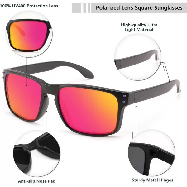 FEISEDY Men Sunglasses PolarizedSquare Vintage Cycling Running Fishing Golf Hiking Sports Sun Glasses B0080Polarized Red Mirrored Lenses With Black Temples 004