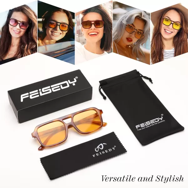 FEISEDY Retro 70s Aviator Sunglasses for Women Men Trendy Flat Square Frame UV400 Sunglasses B0174001 Light Leopard  Yellow