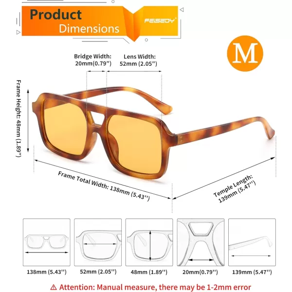 FEISEDY Retro 70s Aviator Sunglasses for Women Men Trendy Flat Square Frame UV400 Sunglasses B0174001 Light Leopard  Yellow