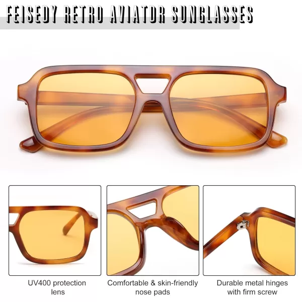 FEISEDY Retro 70s Aviator Sunglasses for Women Men Trendy Flat Square Frame UV400 Sunglasses B0174001 Light Leopard  Yellow