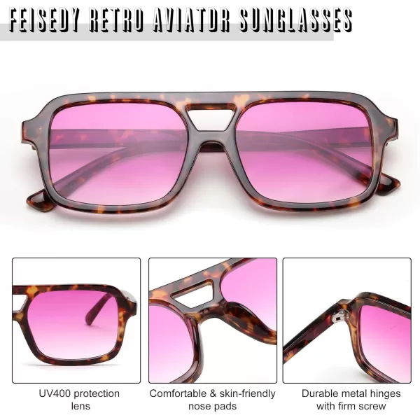 FEISEDY Retro 70s Aviator Sunglasses for Women Men Trendy Flat Square Frame UV400 Sunglasses B0174002 Tortoiseshell  Gradual Purple