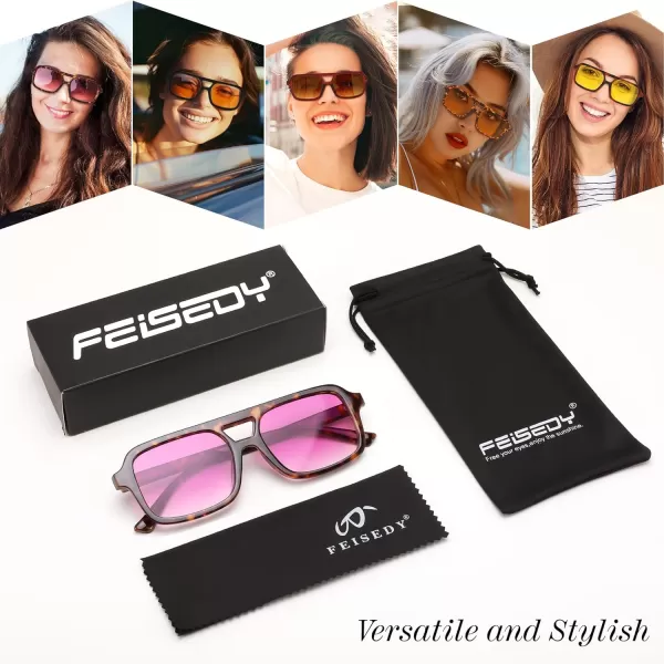 FEISEDY Retro 70s Aviator Sunglasses for Women Men Trendy Flat Square Frame UV400 Sunglasses B0174002 Tortoiseshell  Gradual Purple