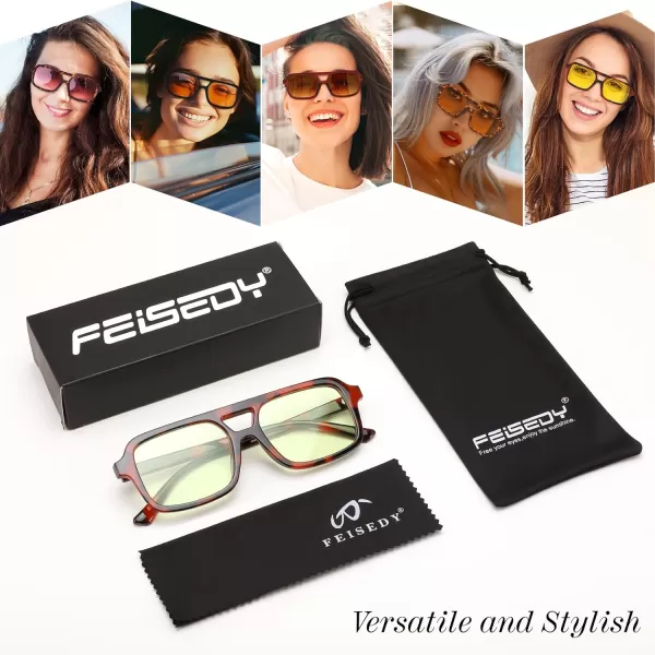 FEISEDY Retro 70s Aviator Sunglasses for Women Men Trendy Flat Square Frame UV400 Sunglasses B0174003 Deep Leopard  Green