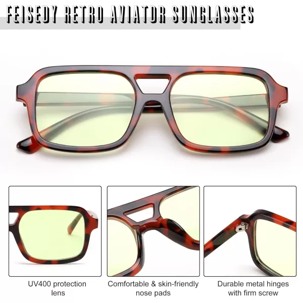 FEISEDY Retro 70s Aviator Sunglasses for Women Men Trendy Flat Square Frame UV400 Sunglasses B0174003 Deep Leopard  Green