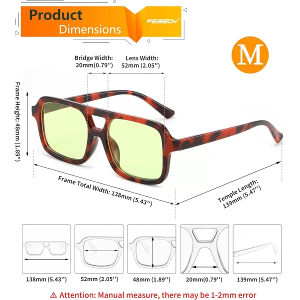 FEISEDY Retro 70s Aviator Sunglasses for Women Men Trendy Flat Square Frame UV400 Sunglasses B0174003 Deep Leopard  Green