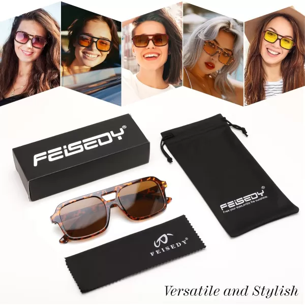 FEISEDY Retro 70s Aviator Sunglasses for Women Men Trendy Flat Square Frame UV400 Sunglasses B0174004 Leopard  Tea