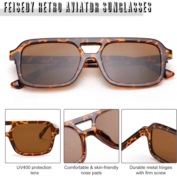 FEISEDY Retro 70s Aviator Sunglasses for Women Men Trendy Flat Square Frame UV400 Sunglasses B0174004 Leopard  Tea