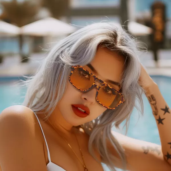 FEISEDY Retro 70s Aviator Sunglasses for Women Men Trendy Flat Square Frame UV400 Sunglasses B0174004 Leopard  Tea