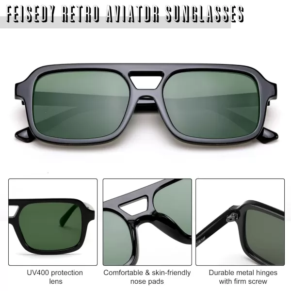 FEISEDY Retro 70s Aviator Sunglasses for Women Men Trendy Flat Square Frame UV400 Sunglasses B0174005 Black  Dark Green