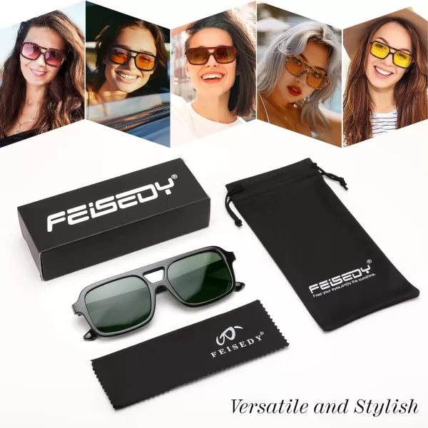 FEISEDY Retro 70s Aviator Sunglasses for Women Men Trendy Flat Square Frame UV400 Sunglasses B0174005 Black  Dark Green