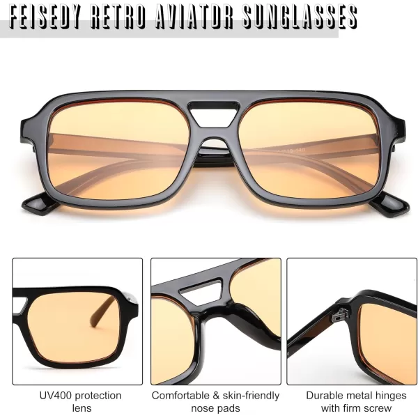 FEISEDY Retro 70s Aviator Sunglasses for Women Men Trendy Flat Square Frame UV400 Sunglasses B0174006 Black  Orange