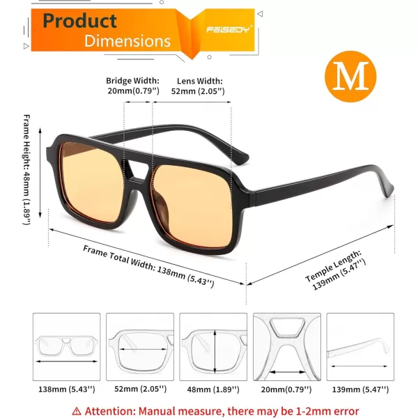 FEISEDY Retro 70s Aviator Sunglasses for Women Men Trendy Flat Square Frame UV400 Sunglasses B0174006 Black  Orange