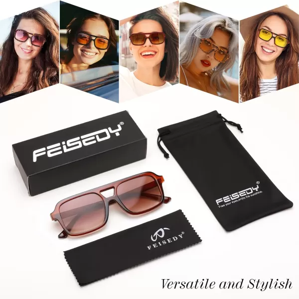 FEISEDY Retro 70s Aviator Sunglasses for Women Men Trendy Flat Square Frame UV400 Sunglasses B0174007 Transparent Tea